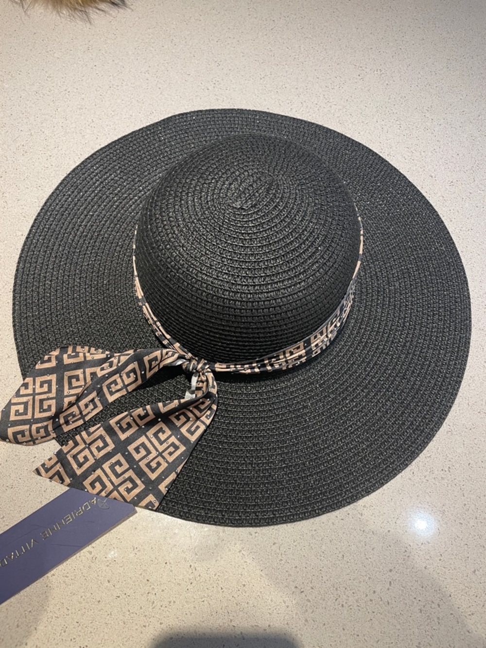 Adrienne Vittadini Black Wide- brim sun Hat with Geometric Scarf